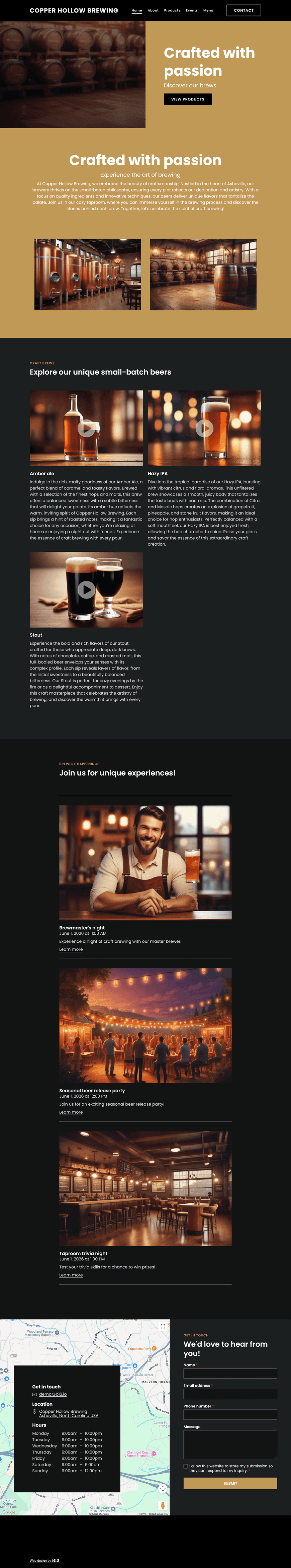 Create a rustic-yet-modern website for Copper Hollow Brewing, a craft brewery located in Asheville, North Carolina. Use warm amber tones, woodgrain textures, and lively photos of the taproom and brewing process. Include a beer menu, event calendar, brewery tour info, and a story page about our small-batch philosophy.