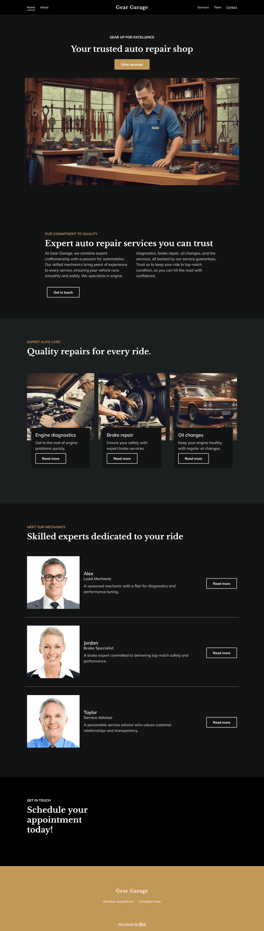Create a rugged, easy-to-navigate website for Gear Garage, a trusted auto repair shop located in Boulder, Colorado. Highlight core services like engine diagnostics, brake repair, oil changes, and tire services. Include an appointment booking form, team page for mechanic bios, and service guarantees. Use bold typography, garage-inspired textures, and clear service icons.