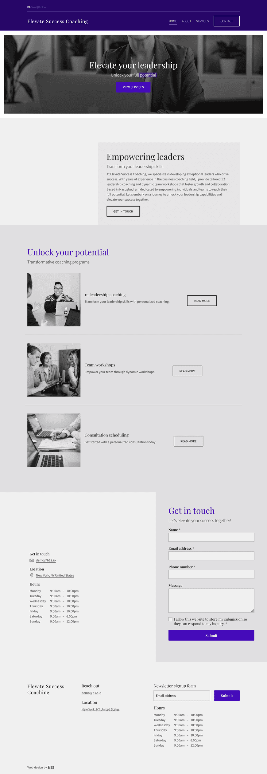 My New York business coaching service specializes in leadership development. I need a professional website with detailed descriptions of available coaching programs, including 1:1 leadership coaching and team workshops, consultation scheduling, and an “About Me” page all about my background and expertise.